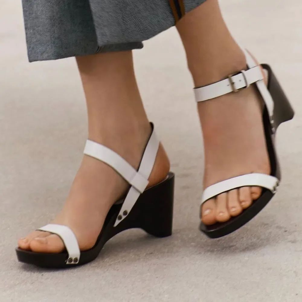 Zara wood effect sandals white heels strappy new with flaws